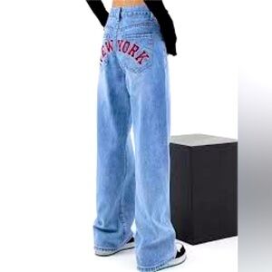 Blue Flare Wide Leg Jeans with Red Embroidery